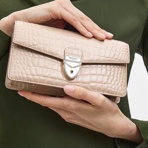 Soft Taupe Patent Croc Mayfair Clutch | Aspinal of London